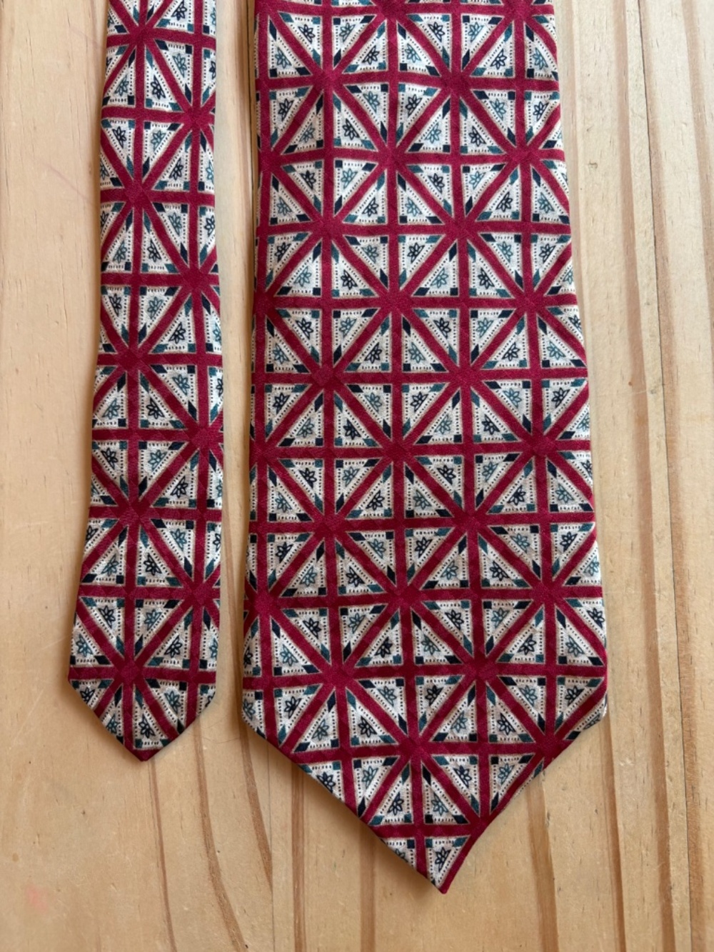Vintage CROSS Geometric Mosaic Silk Necktie Red Teal Blue